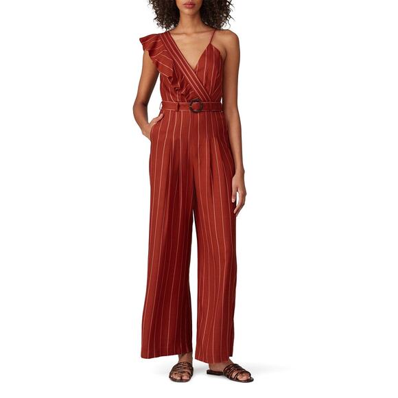 Three Floor Margaux Jumpsuit Womens 2 Burnt Orange Linen Striped Ruffle NWT - Picture 1 of 10